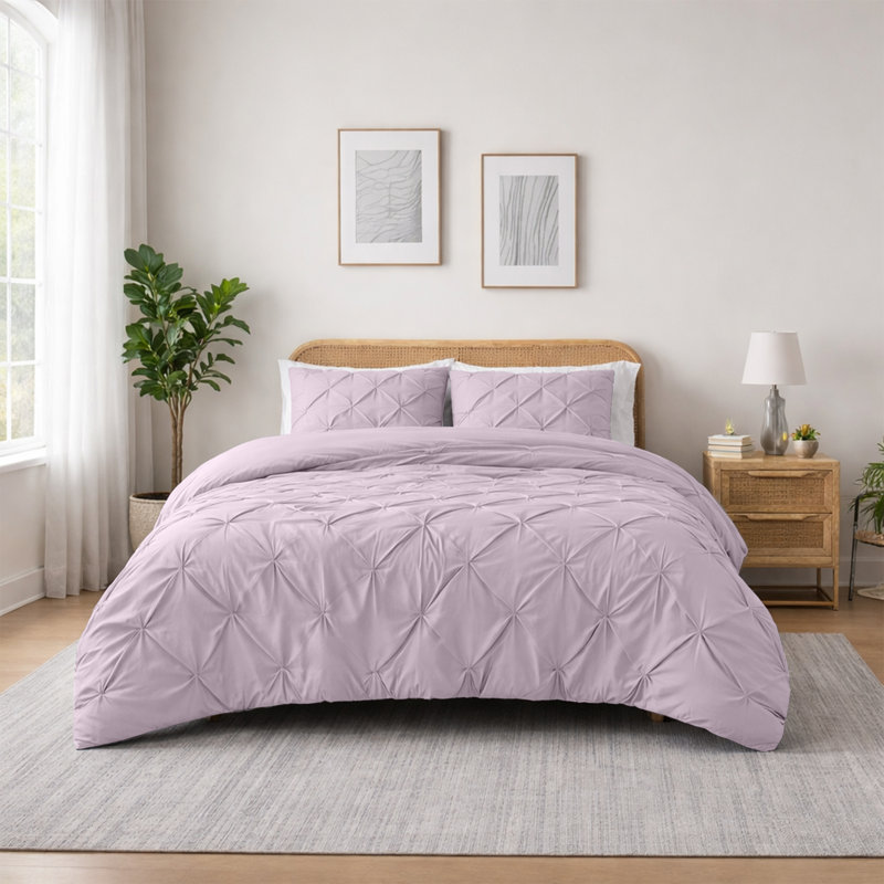 Microfiber Pintuck Duvet Cover Set – 2 Pillowcases, Double Duvet Cover + 2 Standard Pillowcases, Blush Pink