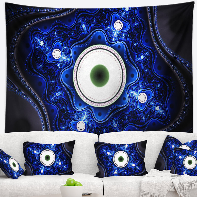 Motif abstrait bleu exotique avec cercles, H 78 po x l 92 po