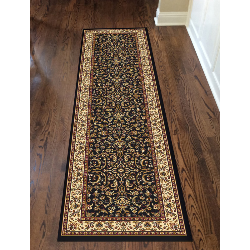 Tapis traditionnel noir à motif floral, Tapis de couloir 2 pi 2 po x 8 pi