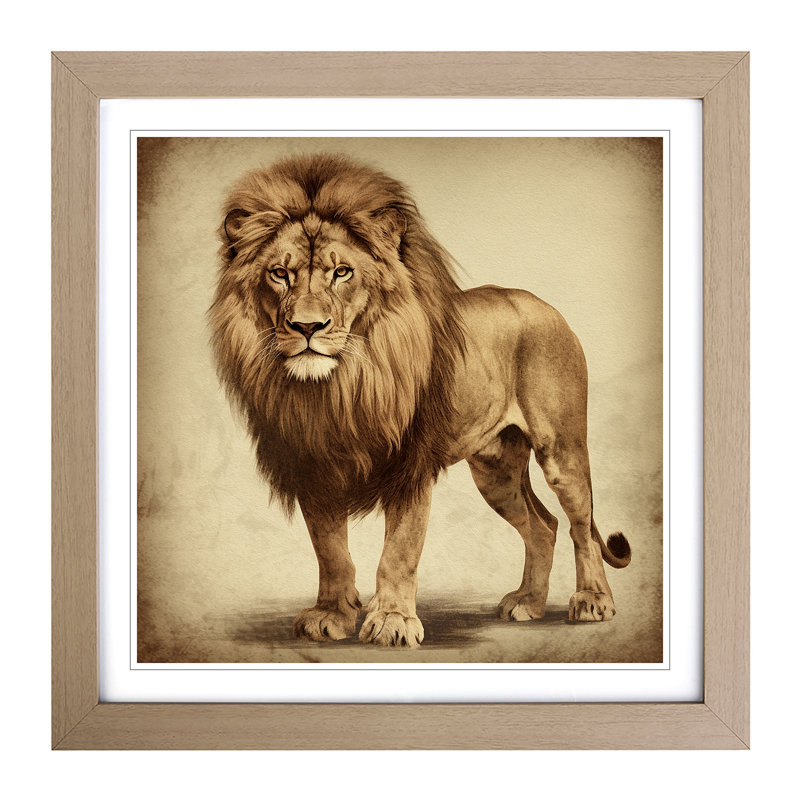 Lion - Single Picture Frame Print on Wood, Oak