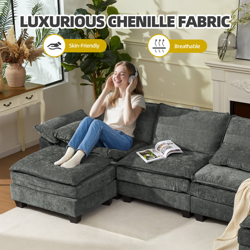 107.8'' Modular Sectional Sofa For Living Room, Cloud Couch Sectional With USB, Movable Ottoman, Gray
