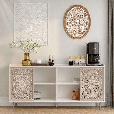 Mid Century Sideboard With Hollow-carved Wood Crafted Detailing And Sliding Doors