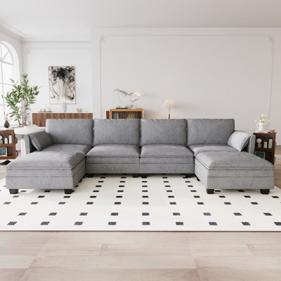 Large 6-Seater U-Shaped Sofa with Movable Ottoman, Arm Pockets, and High-Density Foam for Comfortable Living