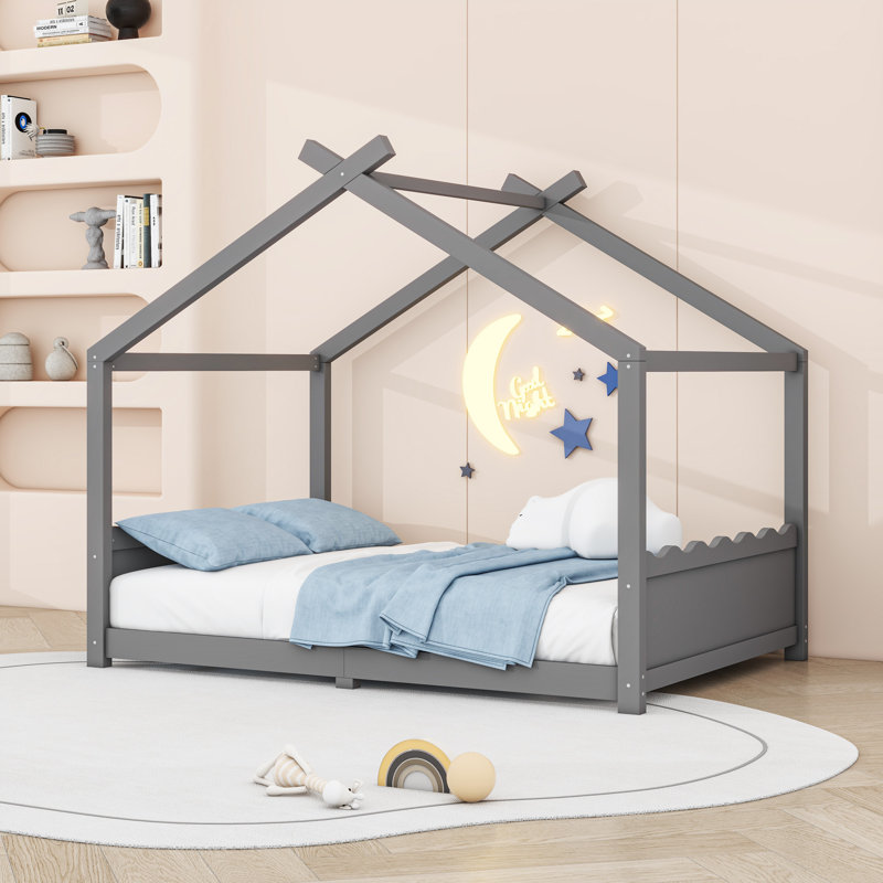 Montessori House Floor Bed with Center Support Legs, Low‑Profile Safe Design, Full, Gray