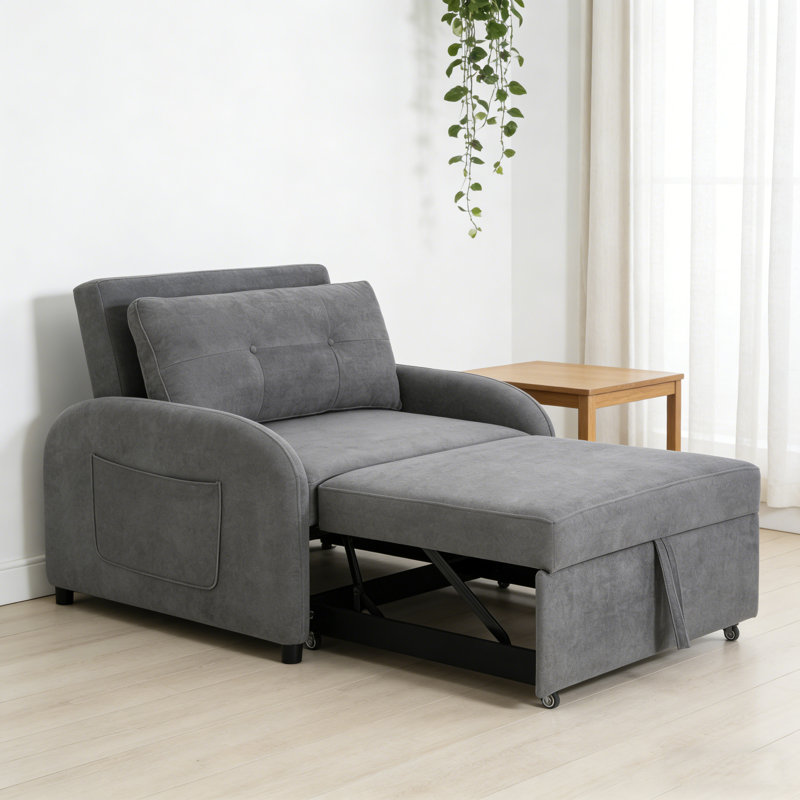 3-in-1 Convertible Sleeper Sofa Bed with Pillow & Pocket, Loveseat Sleeper Chair in Soft Cotton Linen, for Living Room, Bedroom, Study, Apartment, Grey