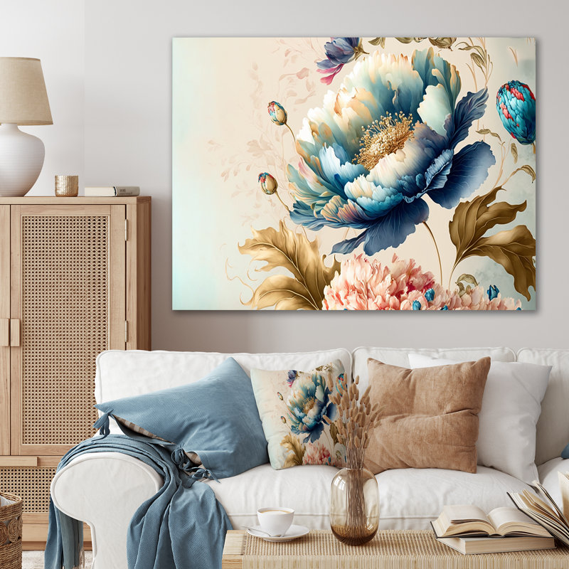 «Blue and Gold Floral Bunch I», peinture sur toile, H 16 po x l 32 po x P 1 po, Toile tendue