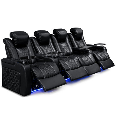 124.4"Power Recliner 4 PC Made Withtop-Grain Nappa,Fully Adjustable Relaxation,Smart Charging,Dynamic RGB LED Lighting,BLACK