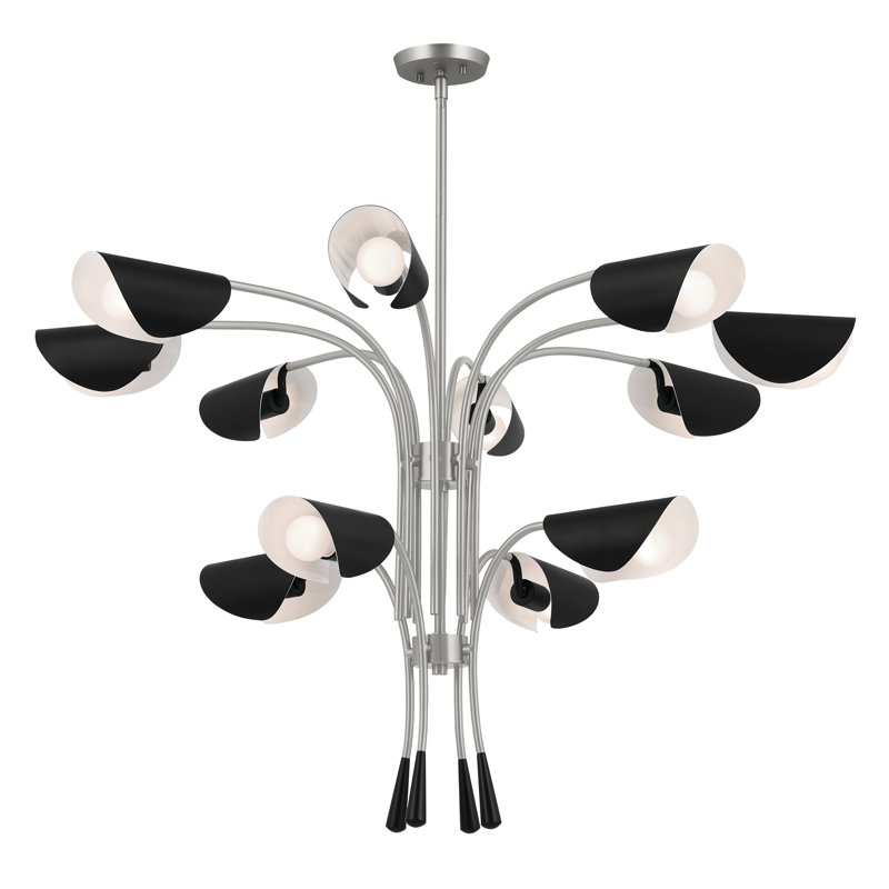 12 - Light Steel Dimmable Tiered Chandelier, Black, Satin Nickel