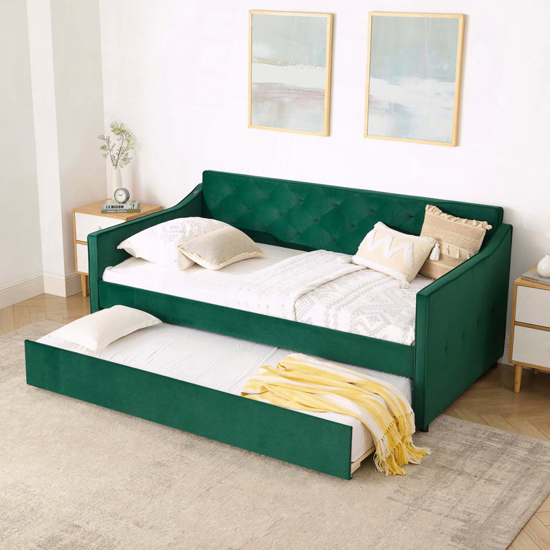 Upholstery DayBed Pop-up Trundle USB Charging Design, Green