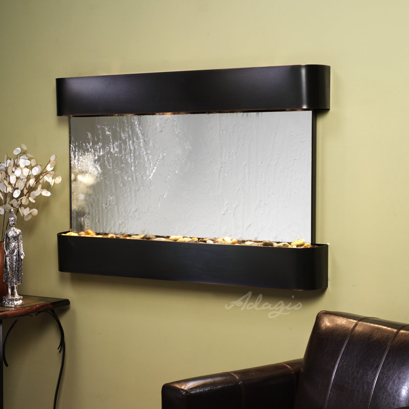 Indoor Acrylic Waterfall Fountain with Lights, Silver Mirror, Blackened Copper