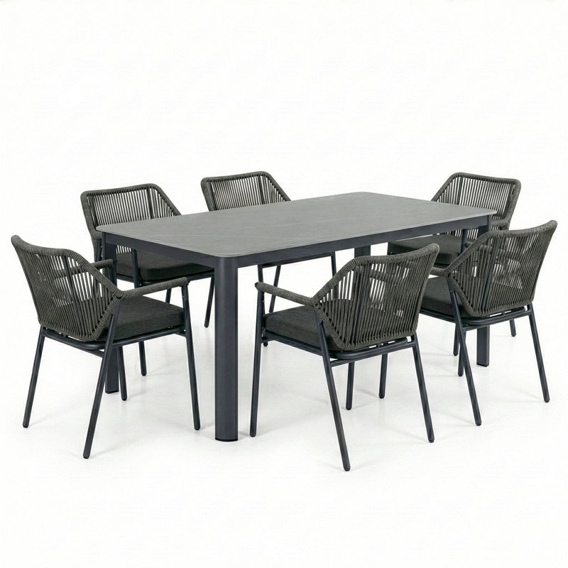 Ensemble repas 6 places Bisera, Coussin gris / cadre gris