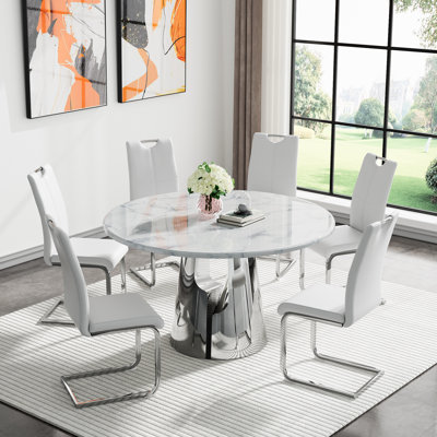 Round Dining Table Set, 45" Round Marble Dining Table with Dining Chairs, Modern Circle Kitchen Table Set with Hollow-Out Stainless Steel Base, Dining Room Table and Chairs Set