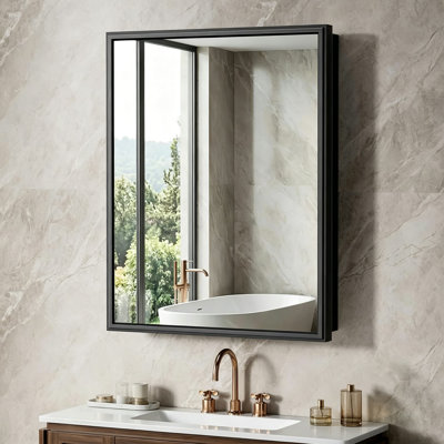 Bathroom Medicine Cabinet With Mirror, 24X30 Inch Aluminum Alloy Metal Framed Wall-Mounted Cabinet, Recessed Or Surface Mount, Black Frame