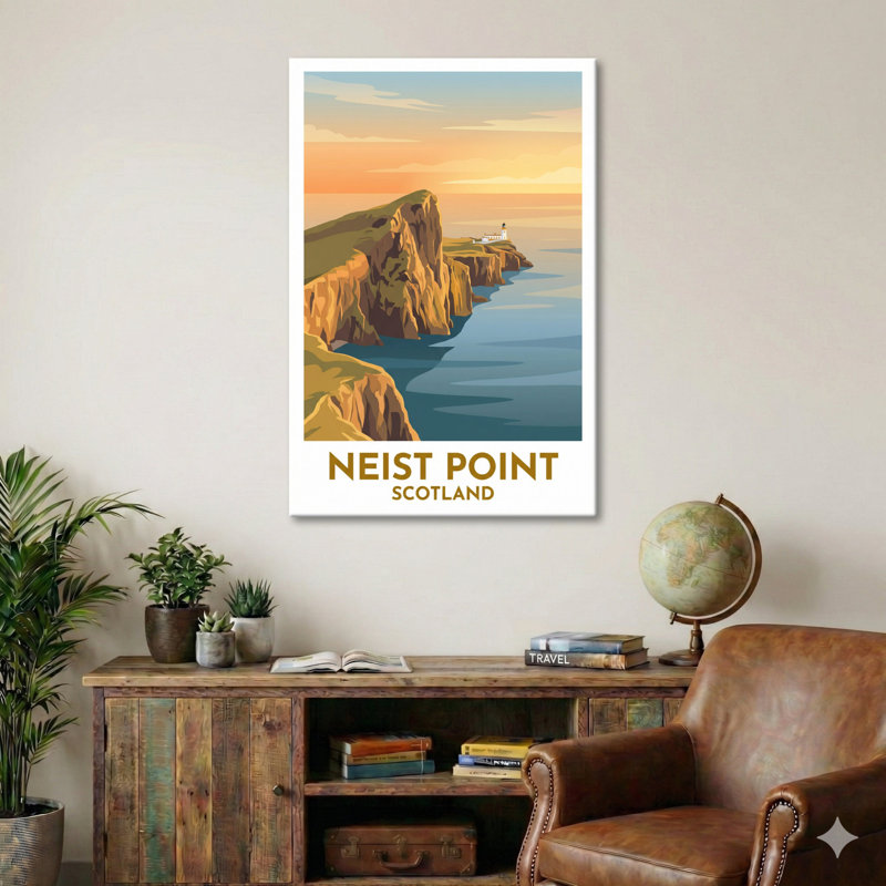 Neist Point, Scotland - Travel Poster Of Rugged Cliffs And Lighthouse, Romantic Highland Sunset. Giclee Print On Wrapped Canvas. Wall Art, Home Decor - Natural Landmarks, Scotland - Wrapped Canvas Print
