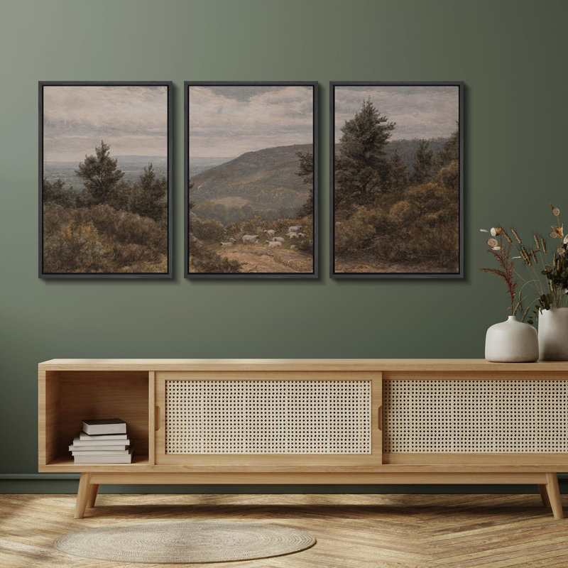 Rural Landscape " Rustic Highland Tranquil Mountainous Landscape Illustration Modern Decor Relax Calm Chic " 3 - Pieces, Noir