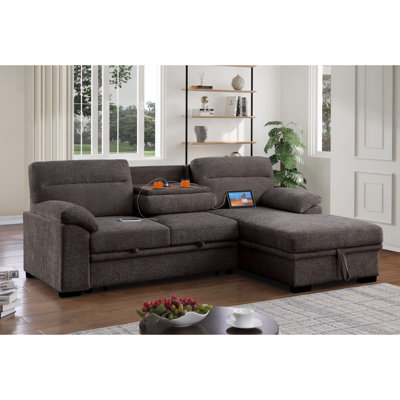 Kipling II 94-Inch Brown Chenille Fabric Sleeper Sectional Sofa With Right-Facing Storage Chaise – L-Shaped Pull-Out Bed, Drop-Down Console With USB Ports & Cupholders, And Pocket Coil Seating