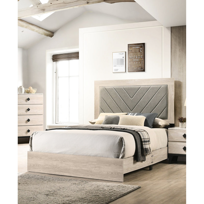 Lit pour grand lit de style classique, crème, tête de lit grise, structure en bois de couleur crème transitionnelle, bois d'hévéa