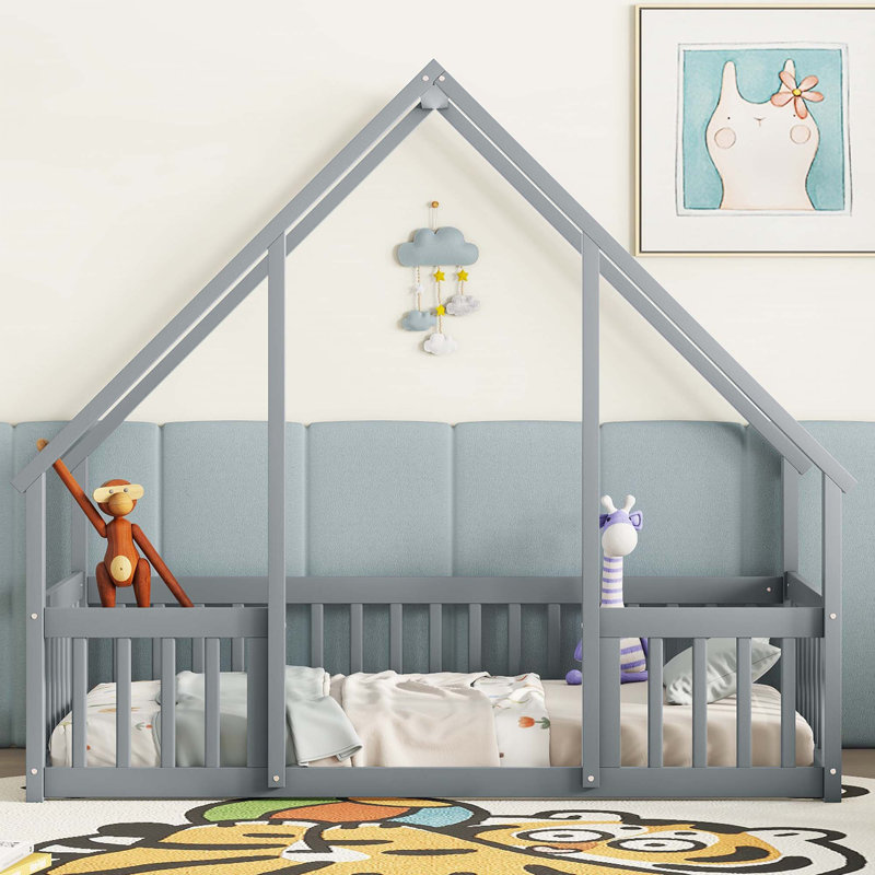 House-Shaped Floor Bed with Fence, Guardrails, Gray, Twin