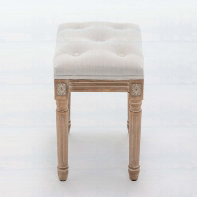 Tufted Vanity Stool with Linen Upholstery & Carved Solid Wood Legs, Dressing Bench for Bedroom, Beige