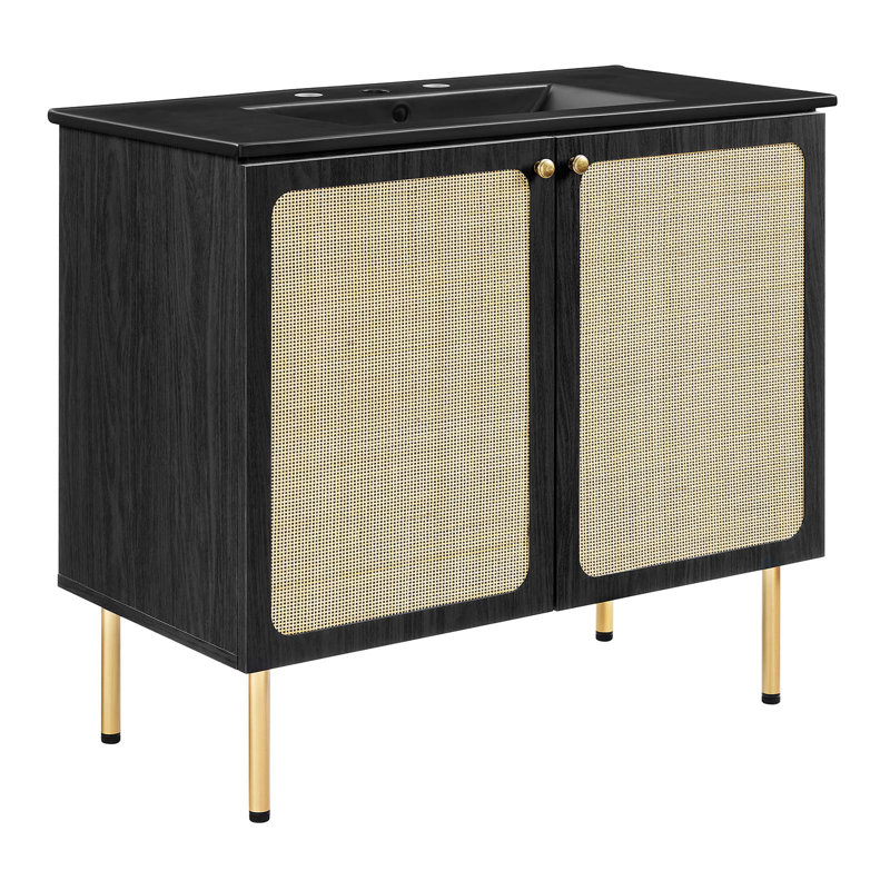 Modway Chaucer 36'' Single Bathroom Vanity with Wood Top, Black/Gold, Black