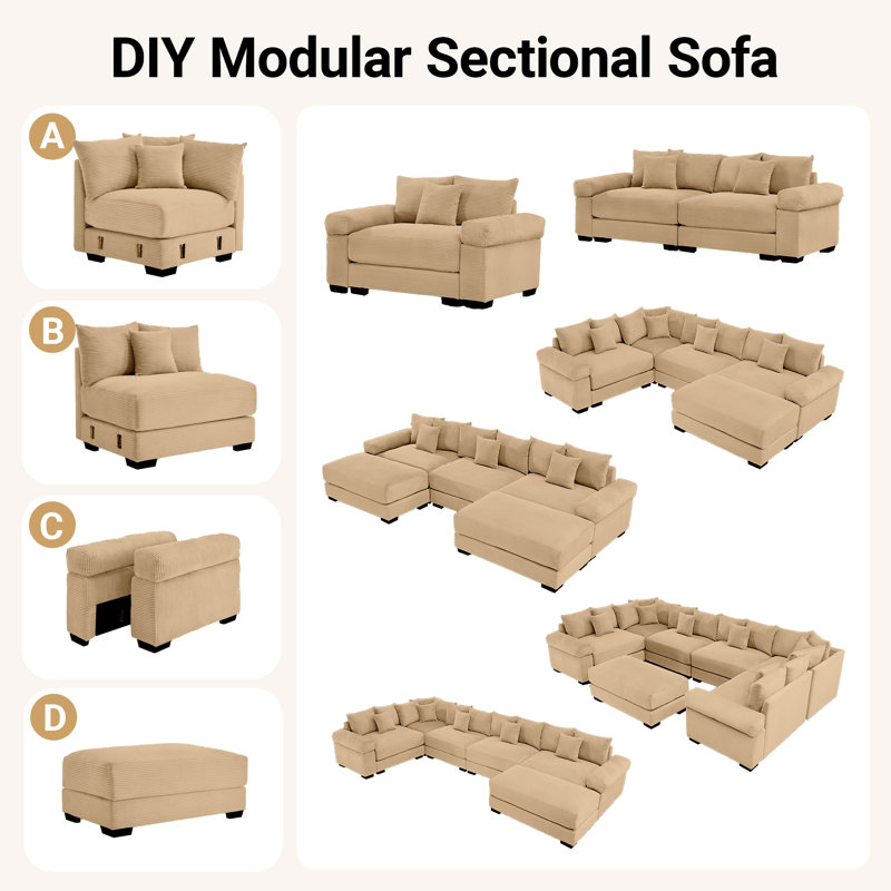 137.7" Corduroy Sectional Corner Sofa 7 Piece Oversized Modular Deep Seat Cloud Couch With Upholstered Movable Ottoman