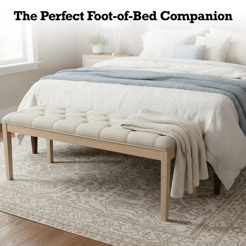  Upholstered Bench - French Contemporary Designer Style, Rubber Wood Frame & Premium Linen | Foot Of Bed, Living Room Accent Or Entryway Seat (Beige, 31-1/2"W)