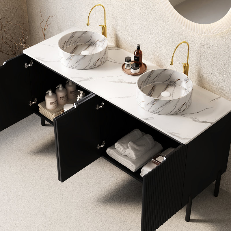 Meuble-lavabo autoportant noir 60 po avec pierre ronde blanche - lavabos en céramique, comptoir fritté, panneau de particules en bois massif, portes et meuble-lavabo scandinave moderne à fermeture silencieuse, 2 armoires