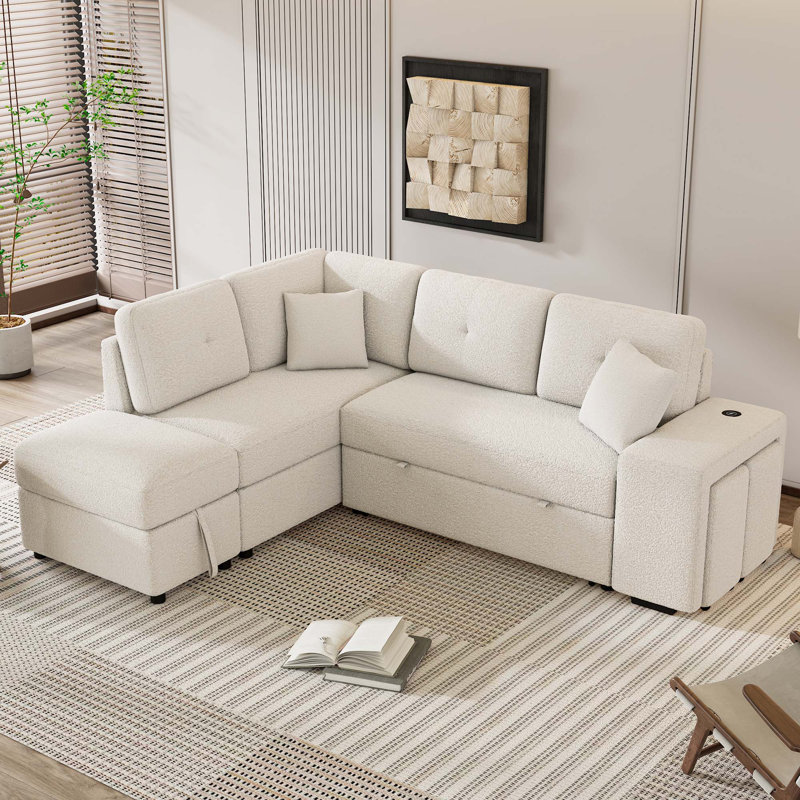 Canapé-lit convertible 87,7 po, canapé-lit modulaire escamotable avec repose-pieds avec rangement, 2 coussins décoratifs, 2 tabourets, chargeur sans fil et deux ports USB cachés pour le salon