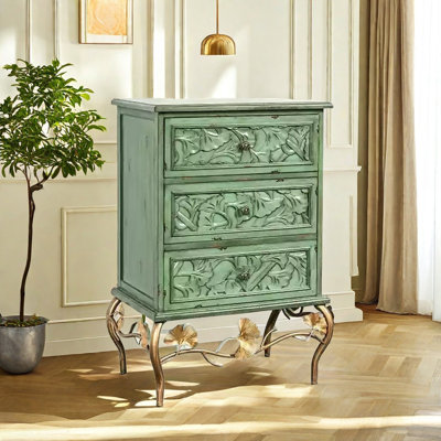 Vintage-Inspired Ginkgo Leaf Carved Accent Chest