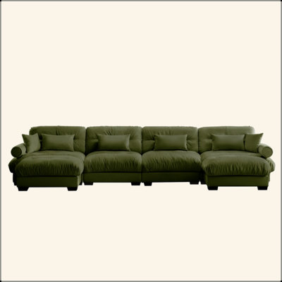 U Shaped Sectional Sofa Cloud Couch With Movable Ottomans,Convertible Deep 4 Seater Modern Velvet Comfy Upholstered Corner Couch With Blostered Armrests, Waist Pillow And Throw Pillows