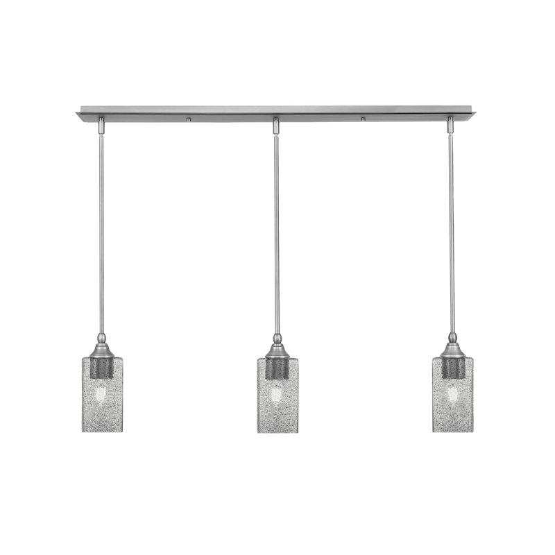 3 Light Stem Hung Linear Pendalier, 3.5" Square Smoke Bubble Glass, 8.5" H x 36" W x 3.5" D, Brushed Nickel