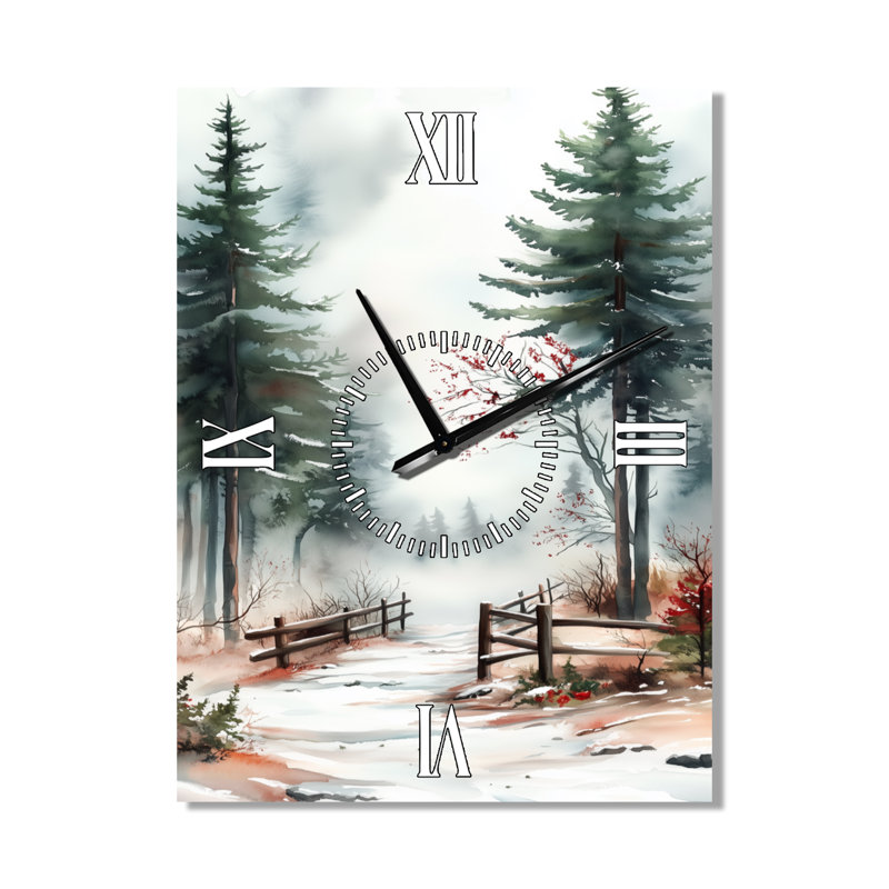 Chemin forestier de pins enneigés II - Grande horloge murale rustique blanche en métal, H 32 po x l 24 po - Rectangle