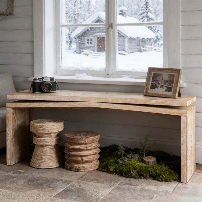 Console de 65 pouces en placage de bois massif rustique, longue table d'entrée de style campagnard pour salon, couloir, canapé derrière, appartement, bois naturel antique