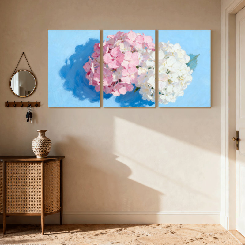 Fleurs d'hortensia sur fond, ensemble de 3 impressions d'art sur toile, H 36 po x l 72 po