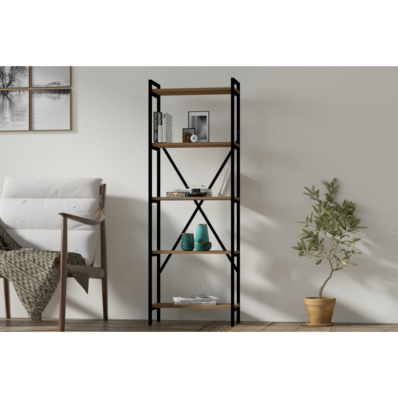 Modern Industrial Bookshelf, Walnut & Black, 28.3 x 66.9 x 9.8 inches | 100% Melamine Coated Particle Board, Thickness: 0.7 inches | Wall-Mountable, Multiple Shelves, Perfect for Home or Office Storage & Display