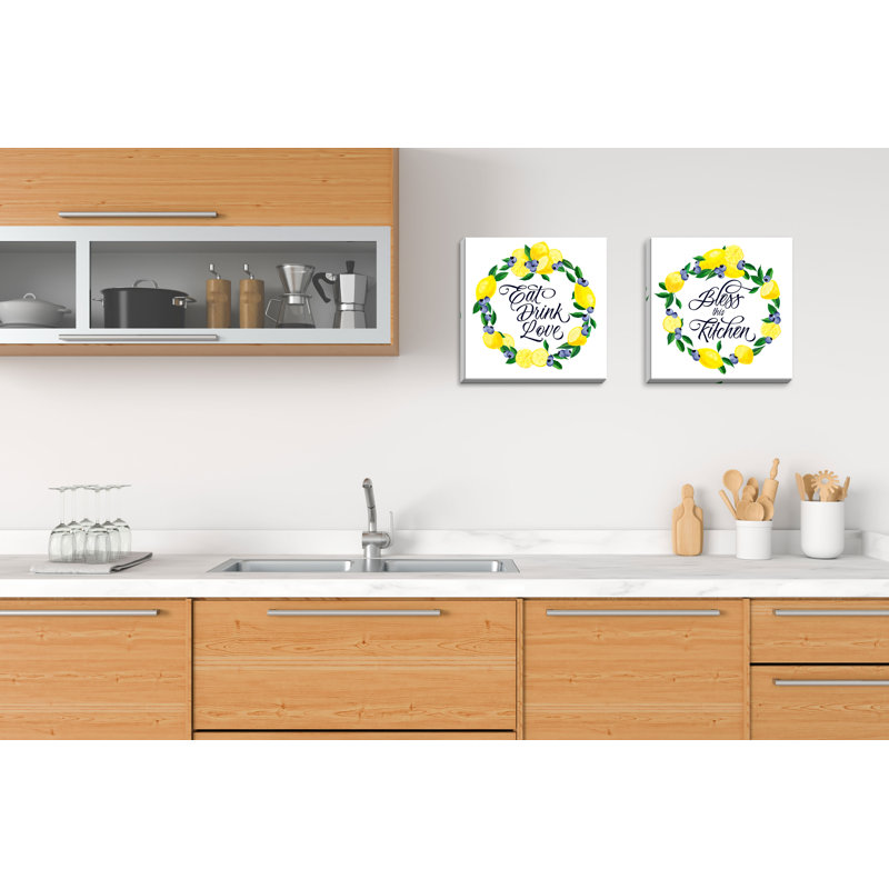 «Lovely Bless This Kitchen and Eat Drink Love Sign» par Noonday Designv - impression d'art textuel, Toile tendue