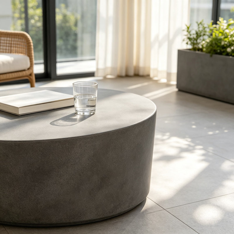Table basse ronde en béton au design cylindrique conique, table basse intérieure/extérieure pour salon ou terrasse, surface lisse et élégante, entièrement assemblée