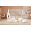 Structure de lit pour enfant pleine grandeur de style maisonnette avec clôture de sécurité et fenêtre décorative, construction en bois massif blanc éclatant-760733364
