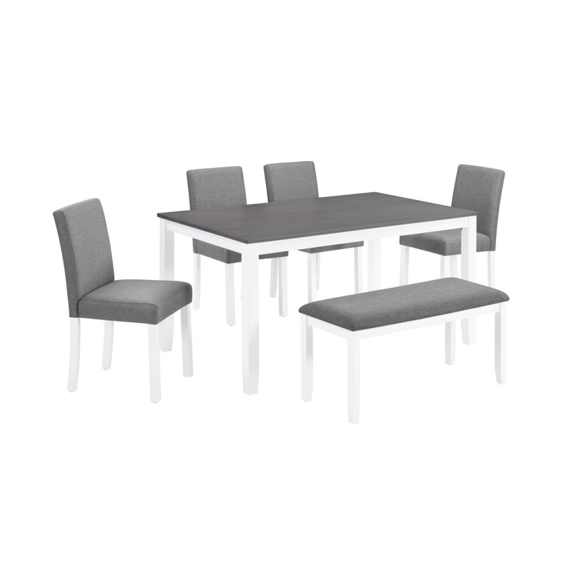 Ensemble de salle à manger 6 pièces bicolore gris et blanc, table de salle à manger en bois avec chaises et banc rembourrés à dossier croisé, ensemble de salle à manger pour 6 personnes