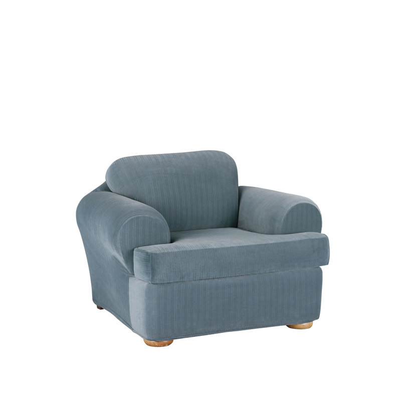 French Blue Stretch Pinstripe T-Cushion Chair Slipcover