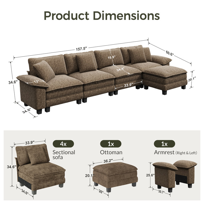 Canapé modulaire de 158 po, canapé en L surdimensionné avec repose-pieds et siège profond à 5 places avec coussin décoratif