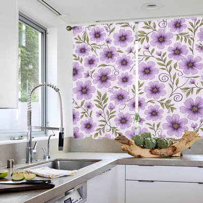 2Pcs Purple Floral Pattern Curtains, Rod Pocket Window Drapes, Elegant Nature Style, Living Room Bedroom Study Decor
