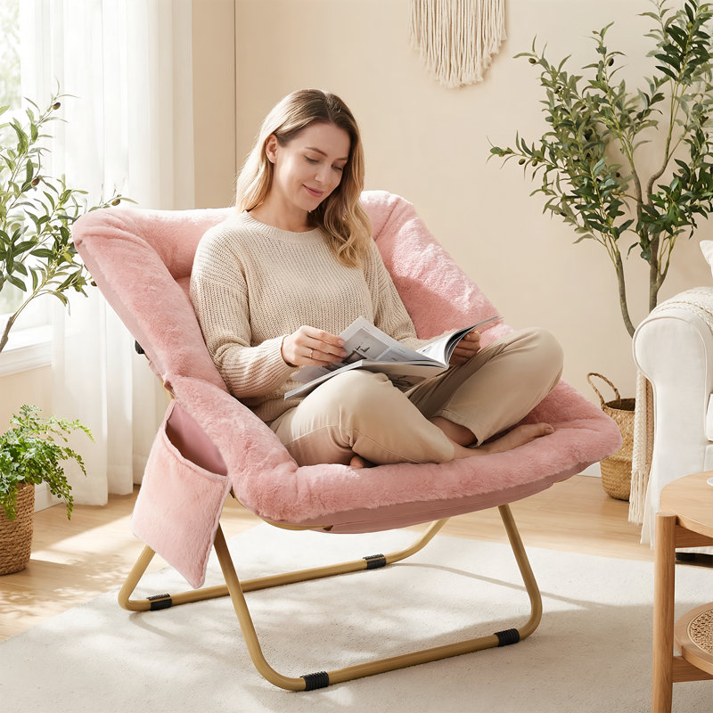 Comfy Saucer Chair, Foldable Lounge Chair, Soft Faux Fur Reading Chair For Teens Adults, Folding Lazy Chair/moon Chair For Living Room, Bedroom, Dorms, X-large Pink