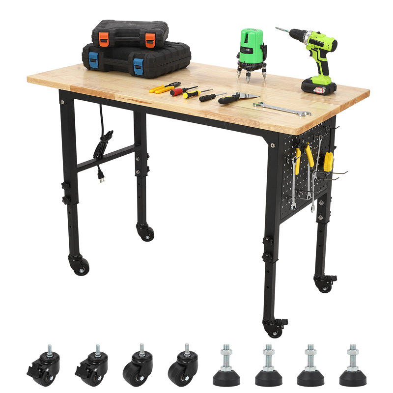 Work Benches for Garage,Garage Workbench with Wheels,Adjustable Height Workbench,Work Table 2000Lbs Load Capacity Heavy Duty MDF Wood Desktop Work Table for Garage Warehouse Utility Room