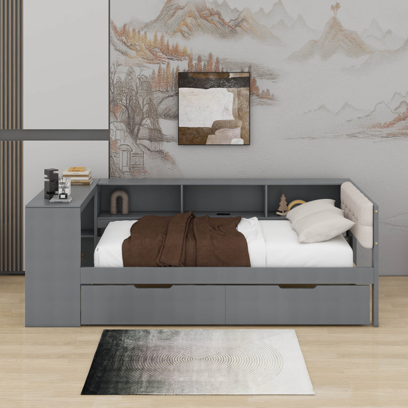 Lit plateforme simple avec tablettes, tiroirs, station de charge et tête de lit tapissier, Lit simple, Gris