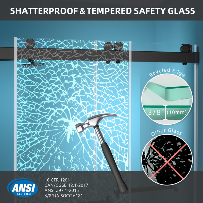 Double Sliding Bathroom Door  56" - 60" W x 79'' H Frameless Shower Door with Upgraded Crashproof & Tempered Glass, Black