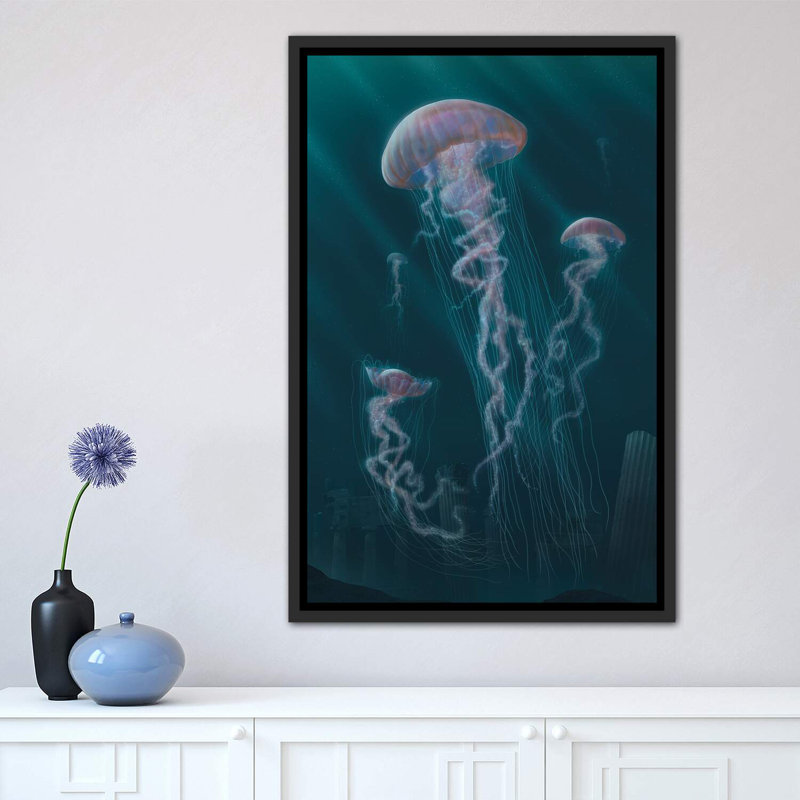 «Jellyfish» par Vincent Hie - impression encadrée, H 26 po x l 18 po x 1,5 po, Toile avec cadre noir patiné