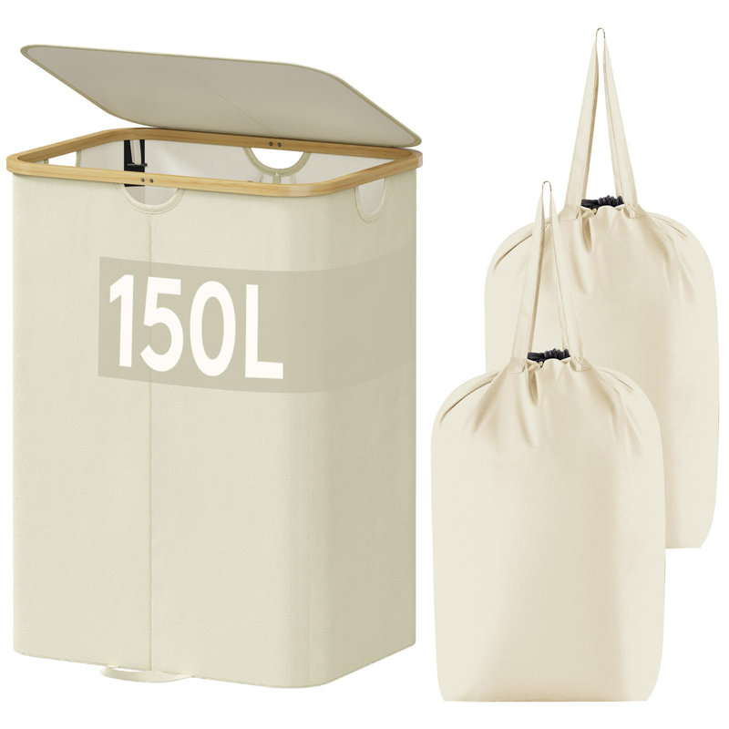 150L Double Laundry Hamper with Lid, Beige