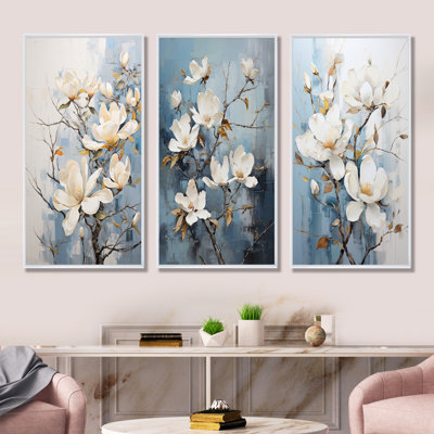 Blue And White Magnolias Flowers Harmony - Magnolias Canvas Art Print Set Of 3