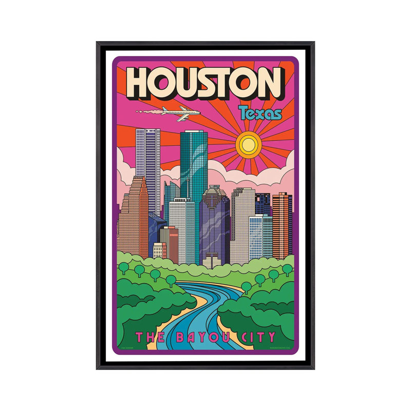 Houston Pop Art Travel, reproduction d'art sur toile encadrée, Noir patiné, Reproduction encadrée sans passe-partout